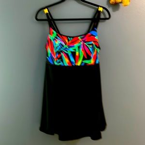 Black One piece form fitting bathing suit.